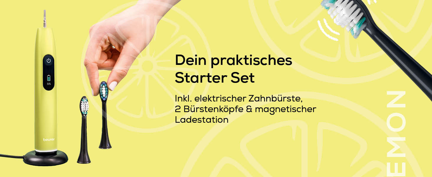 Електрична зубна щітка Beurer SC 30 Schallzahnbürste: 4 режими чищення, 80 000 коливань, таймер, LED-дисплей, 2 насадки, корпус з переробленого пластику (Splashy Lemon)