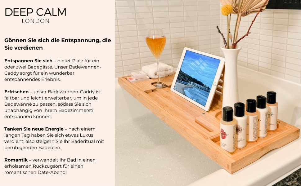 Підставка для ванни Deep Calm - регульована бамбукова підставка - антиковзаюча підставка для ванни. Підходить для більшості ванн. Місце для книги, iPad, телефону, склянки, свічки (натуральний бамбук)