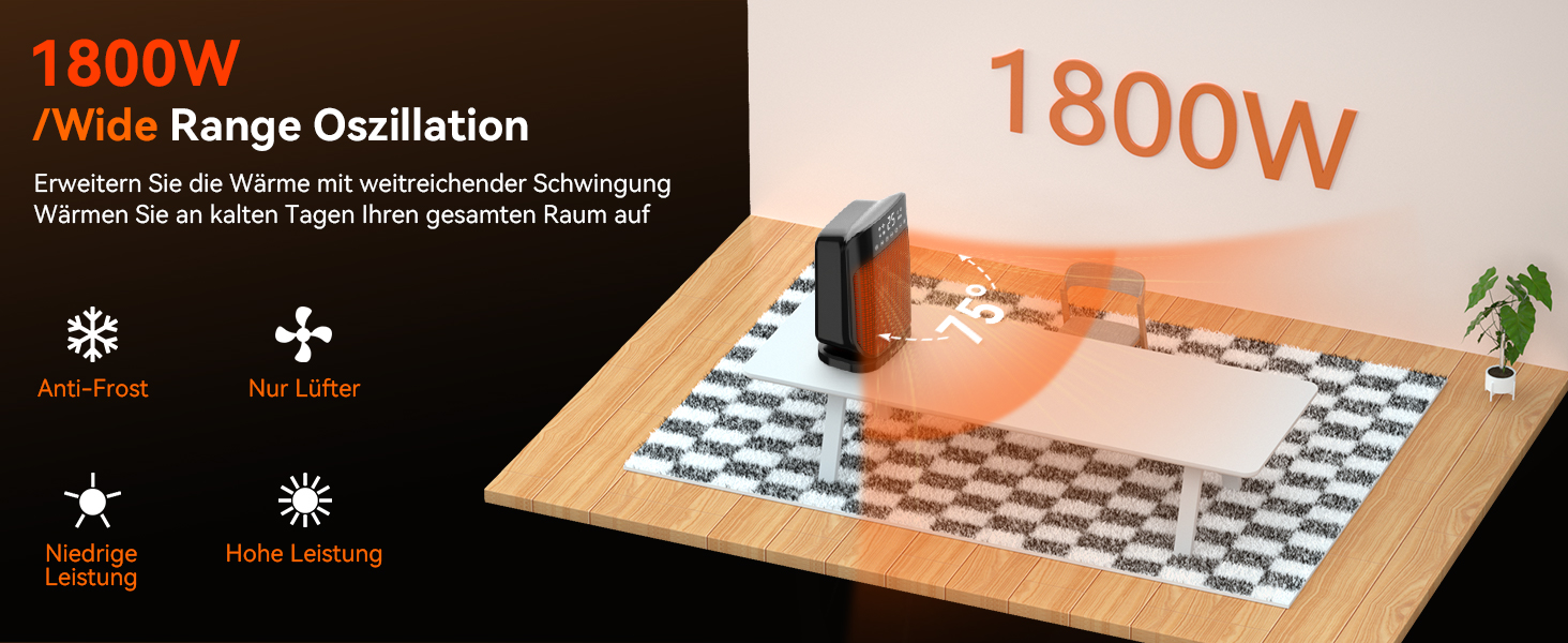 Електричний обігрівач YASHE 1800W з осциляцією 75°, економний та тихий, PTC керамічний нагрів з термостатом, захист від перегріву та перекидання, таймер 24 год, портативний з пульт керування