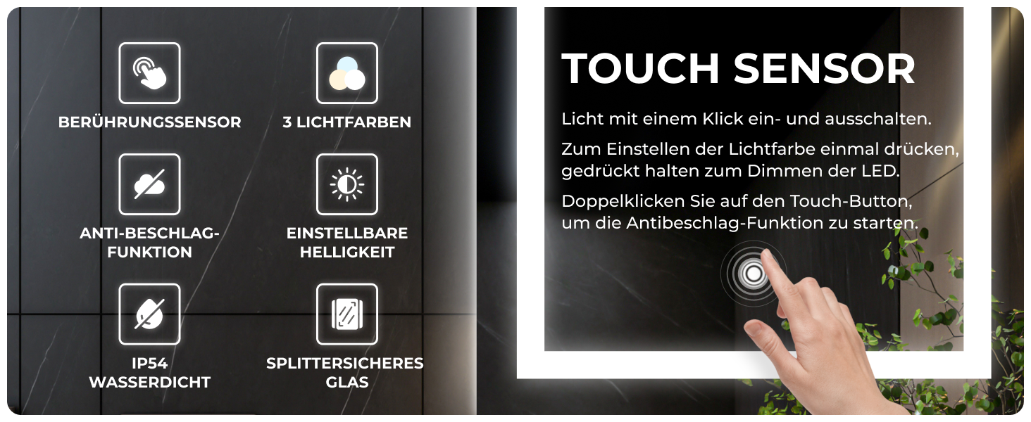 Дзеркало для ванної кімнати BR Bringer LED з підсвічуванням, 60x80 см, антизапарник, диммування, 3 кольори світла, сенсорне управління, функція пам'яті (BRS102)