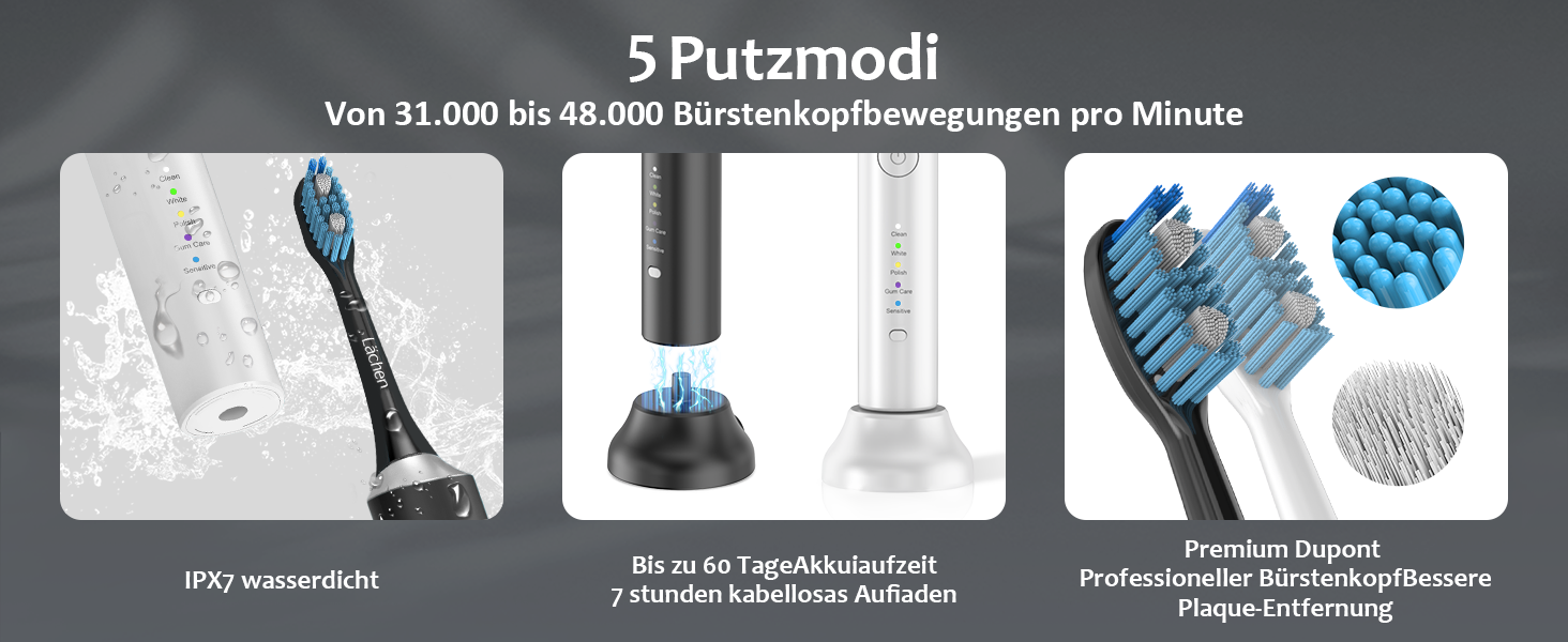 Електрична зубна щітка Lächen RM-H9, набір з 2 шт. (біла та чорна) + 10 насадок, 5 режимів, з кейсами для подорожей