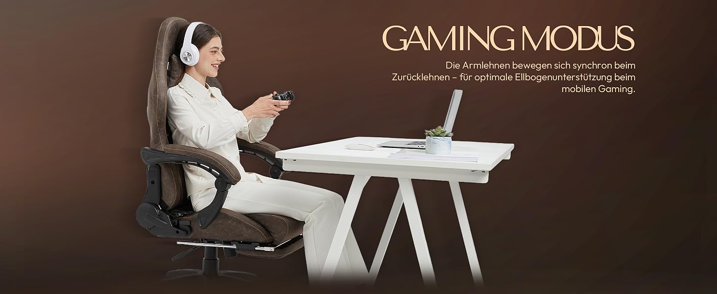 Ігровий крісло Dowinx з регульованою підніжкою, масажером попереку та офісним комфортом, до 200 кг, нахил спинки 165°, коричневий