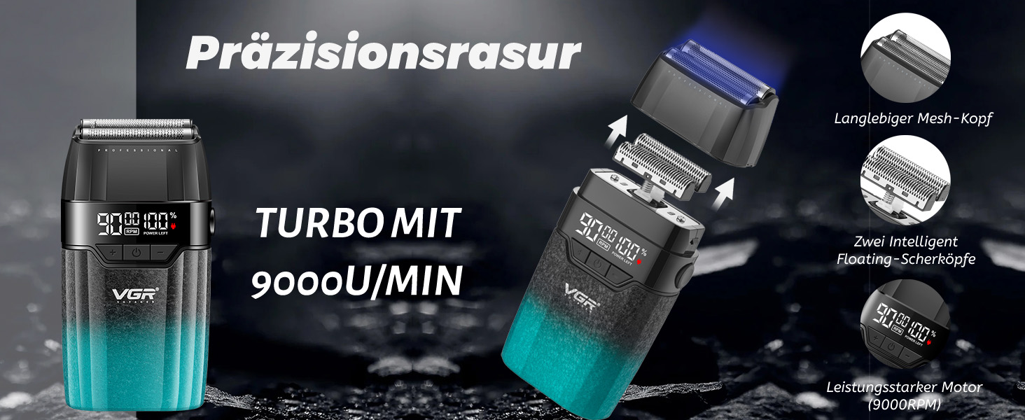 VGR 640 S3 3-в-1 Машинка для стрижки волосся чоловіча, професійна, тример та електробритва, бездротовий набір з LED дисплеєм, зелений