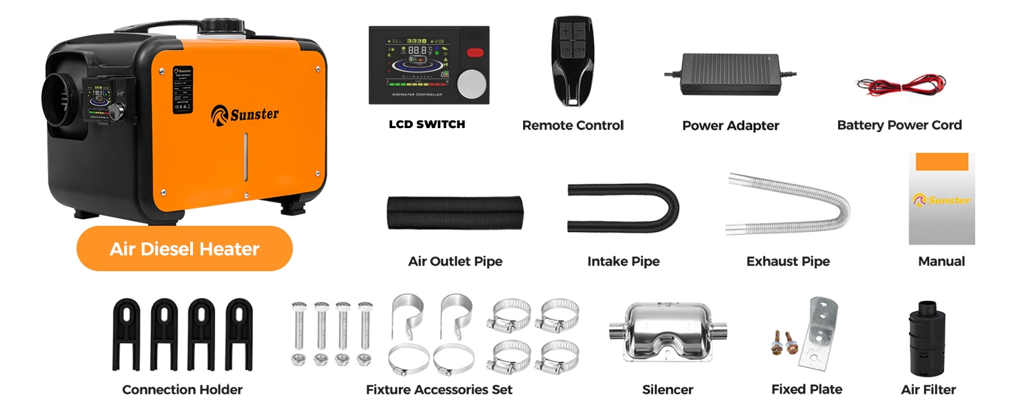 Дизельний опалювач 8kW з Bluetooth, 12V/24V/230V для вантажівки, автодому, транспорту. Автоматичний старт-стоп, 2025 (Помаранчевий)