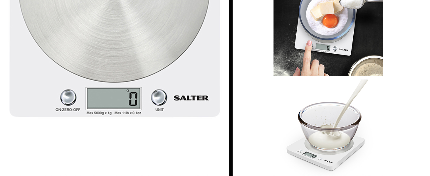 Цифрові кухонні ваги Salter 1036 OLFEU16 Olympus - електричні харчові ваги з платформою з нержавіючої сталі, місткість 5 кг, ваги для випікання з функцією тарування, вимірювання рідин, РК-дисплей, (білий)