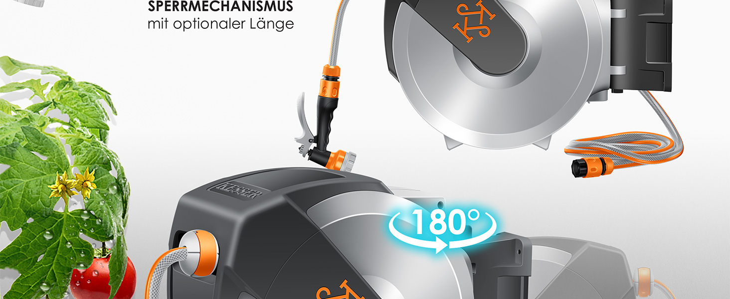 Шланг для саду KESSER® 35м з автоматичним підйомом | Шланг для поливу з тримачем для стіни | Водопровідна коробка для стіни з ручною лійкою 7-функцій | Антрацит/Чорний