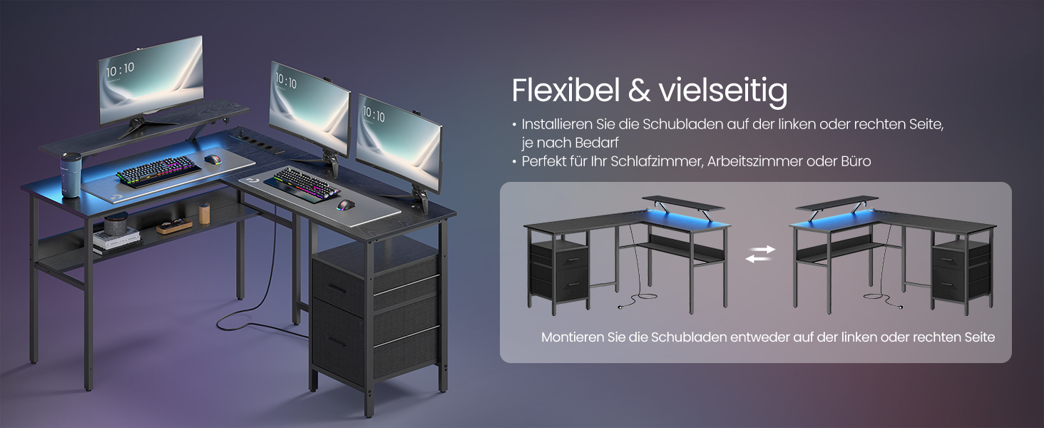 Комп'ютерний стіл VASAGLE L-подібний з розетками, LED-підсвічуванням та USB-портами, 150 x 120 x 76 см, чорний, LWD095B01