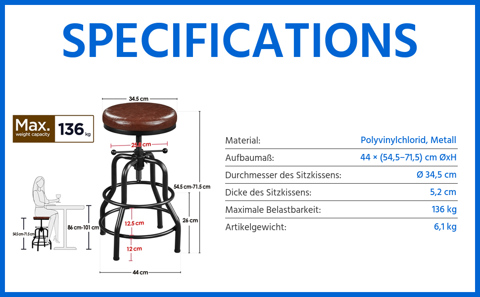 Барний стілець Yaheetech вінтажний, регульована висота, з товстим сидінням, без монтажу, з штучної шкіри, для кухні/вітальні/бару/кафе, коричневий
