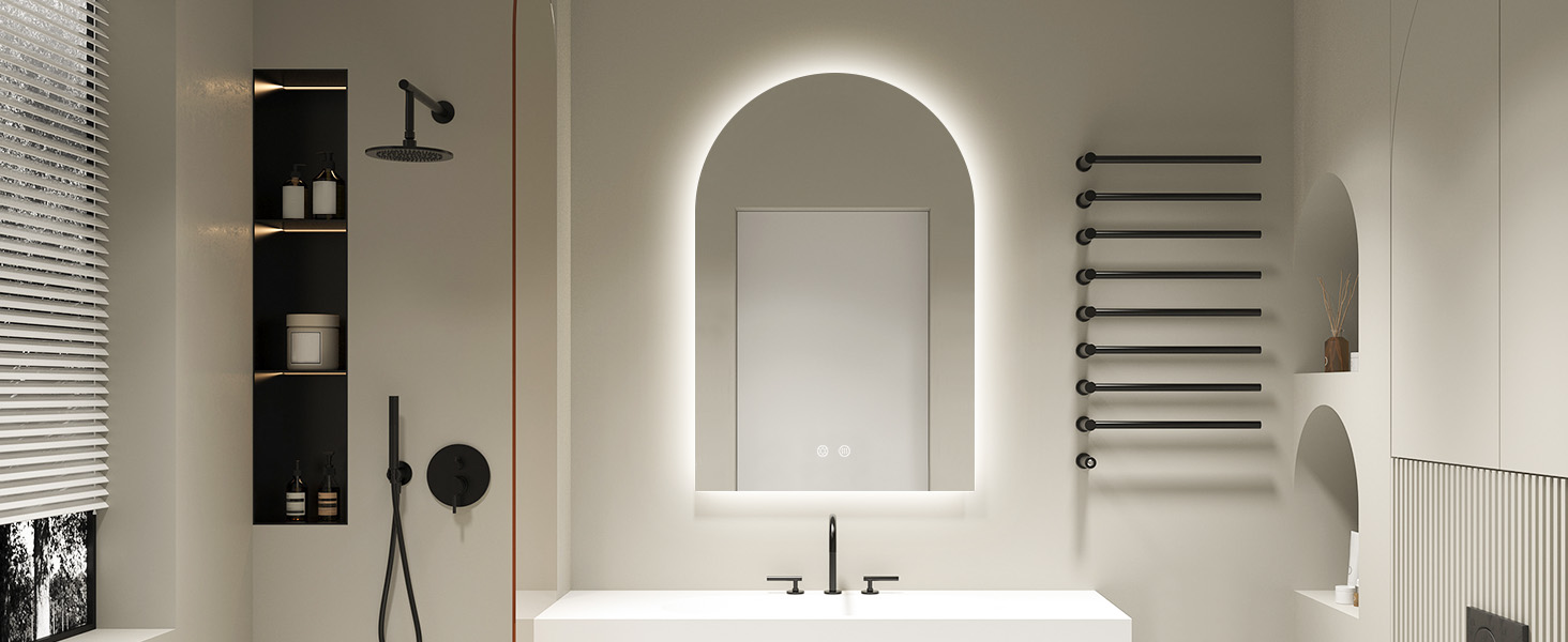 Дзеркало для ванної кімнати OUMUSU з підсвічуванням, 50x75 см, без рами, арочне, антизапотівальне, сенсорне керування, диммування, 3 кольори світла
