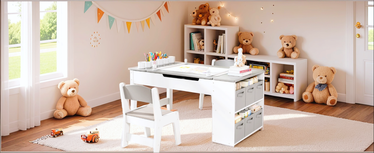 Дитячий стіл MAMIZO з 2 стільцями: дерев'яний стіл для ігор з місцем для зберігання, комплект меблів для дітей 3+ (сірий)