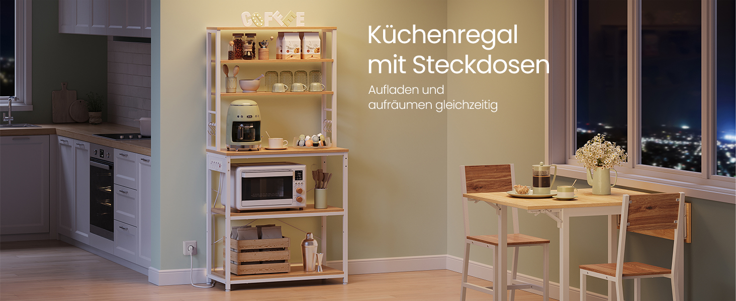 Полична шафа VASAGLE для кухні з розетками, мікрохвильова шафа, 6 полиць, 6 гачків, сталевий каркас, 40 x 80 x 167 см, вінтажний колір, KKS119K06