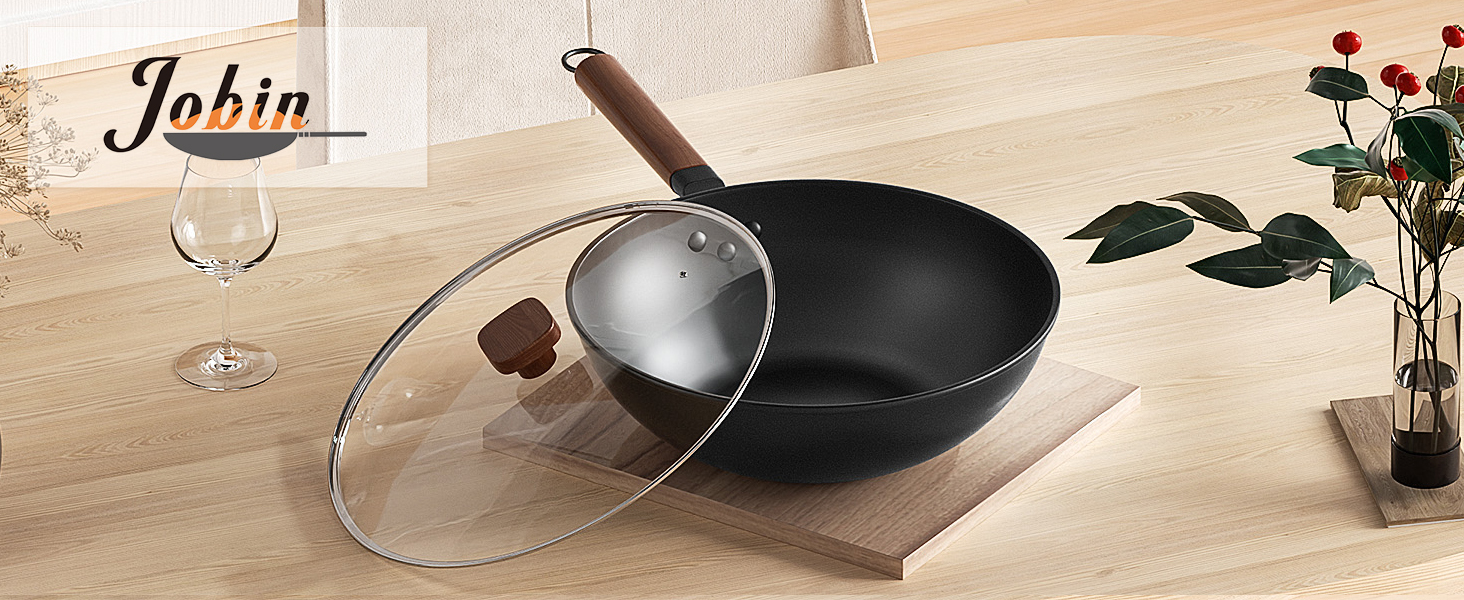 Вок Jobin 33 см, 5.6 л з кришкою, з вуглецевої сталі, для приготування азійських страв, 4-6 осіб, сумісний з індукцією, електрикою, газом, чорний