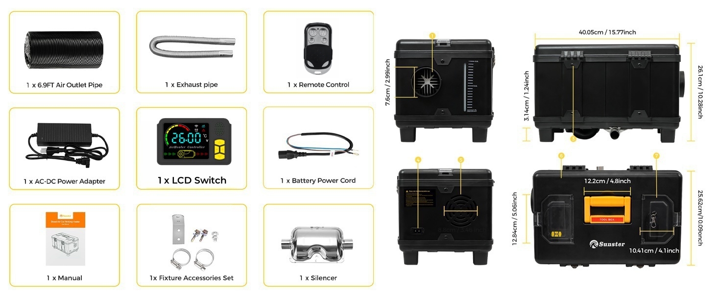 Дизельна автономка 8kW для вантажівок, фургонів, кемперів з Wi-Fi та адаптером, 12/24V/240V, автоматичний старт/стоп, вентиляція, чорна