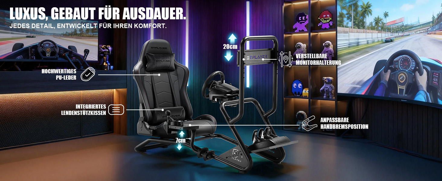 Ігровий симулятор GTPLAYER Simulator Cockpit: стійка для керма з 3D-стереодинаміками, тримачем для монітора, педалей та важеля КПП, регульована, чорна