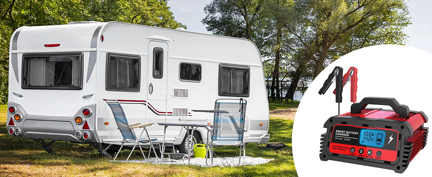 Зарядний пристрій для акумулятора 12V/24V LEICESTERCN - Автомобільний, мотоциклетний, з LCD, 5/10/25A, 6-ступінчастий, з багаторазовим захистом