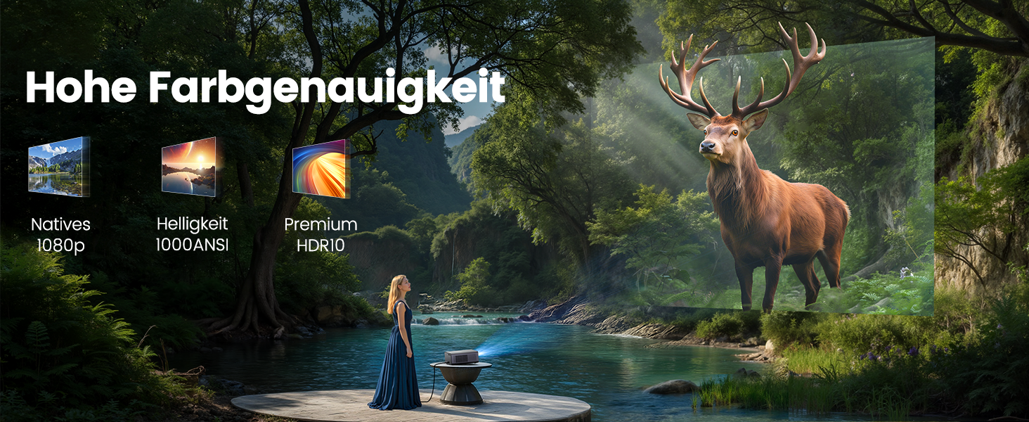 4K проєктор Smart Beamer з Netflix, Dolby Audio, 1000 ANSI люмен. Підтримка автофокусу, корекції трапеції 6D, WiFi 6/Bluetooth. Підходить для Android/iPhone, для дому та на вулицю. Чорний.