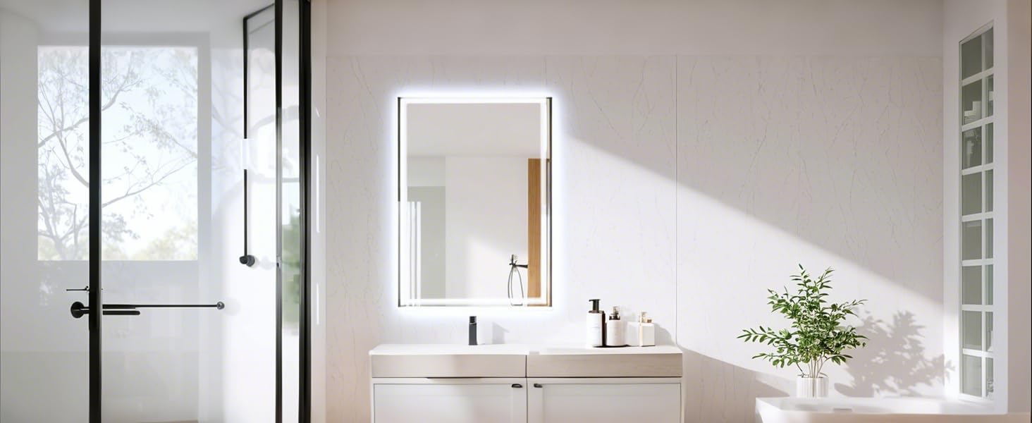 Дзеркало для ванної кімнати з підсвіткою 80x60 см, LED дзеркало з 3 кольорами світла, регульована яскравість, захисне скло, сенсорне управління, функція пам'яті, запобігання запотіванню, 60L x 80B cm