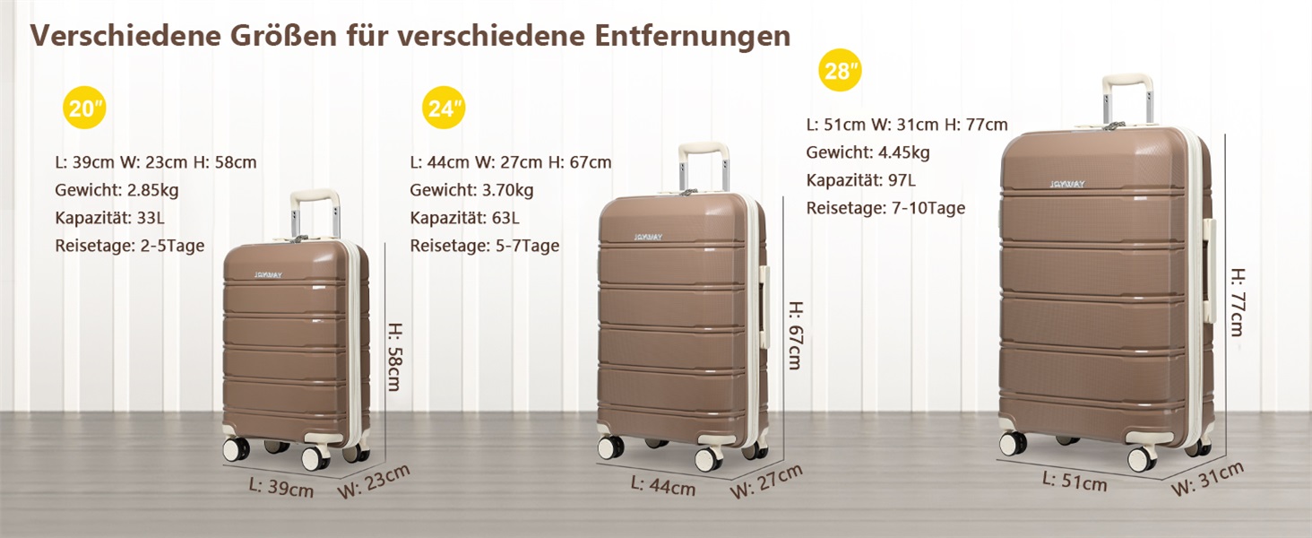Набір валіз Joyway 3 в 1 з жорстким корпусом, 4 колеса, TSA-замок, косметичка та сумка, коричнево-білий, ручна поклажа
