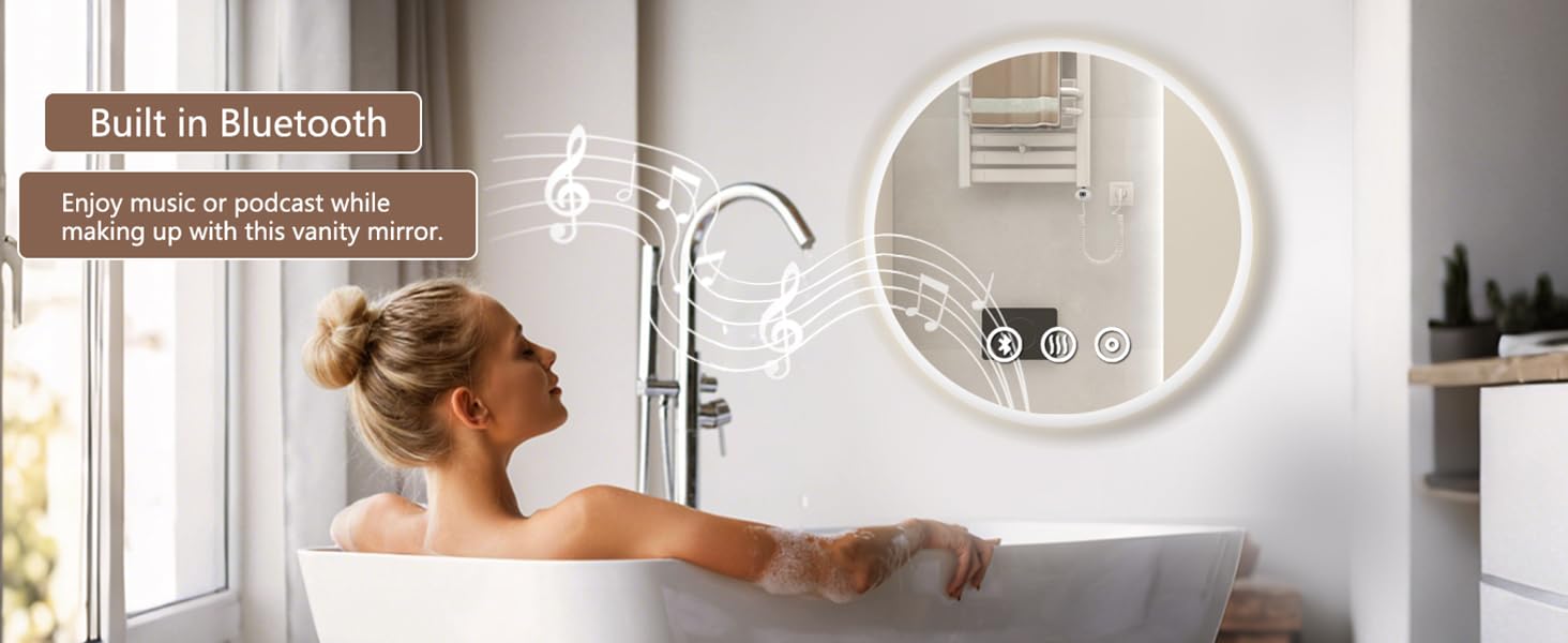 Дзеркало для ванної кімнати Habison з підсвічуванням 70x70 см LED, з годинником, сенсорним вимикачем, регулюванням яскравості, протизапобіжним покриттям, 3-кратним збільшенням, Bluetooth