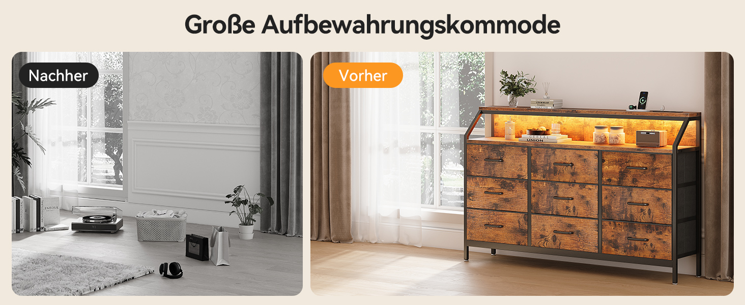 Комод ODK з висувними ящиками, 9 тканинних ящиків, 2 розетки, 2 USB-порти, LED-підсвітка, для спальні/вітальні, вінтажний стиль