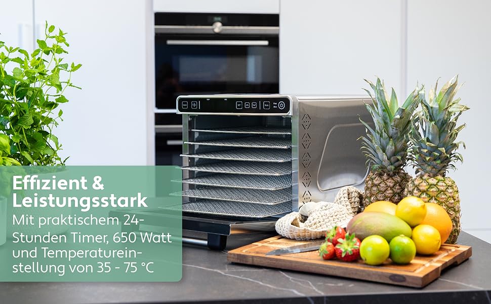 Дегідратор Vita 5 з 6 решітками для сушіння фруктів, овочів та м'яса. Поверхня сушіння 0,7 м², регулювання температури 35-75°C, таймер 24 год, LED дисплей, 650W