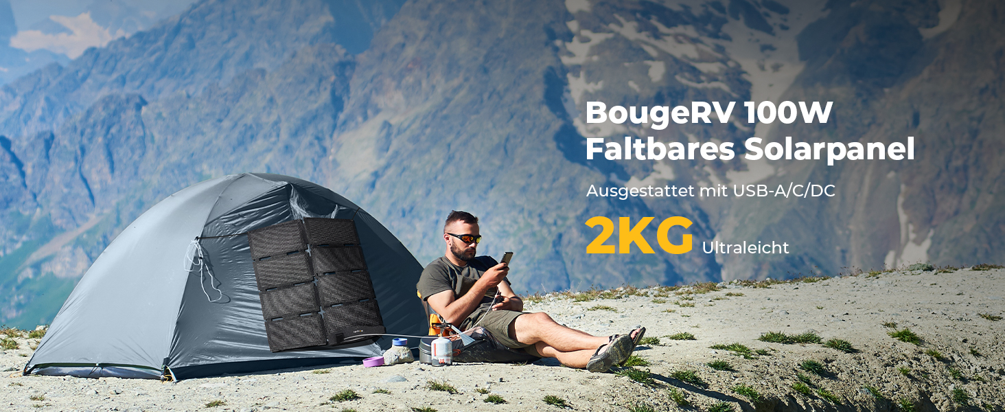 Складана сонячна панель BougeRV 100W ETFT, портативний сонячний модуль з виходами DC/USB-C/USB-A, скловолокно 270°, 2 кг, для паверстанцій, смартфонів та планшетів