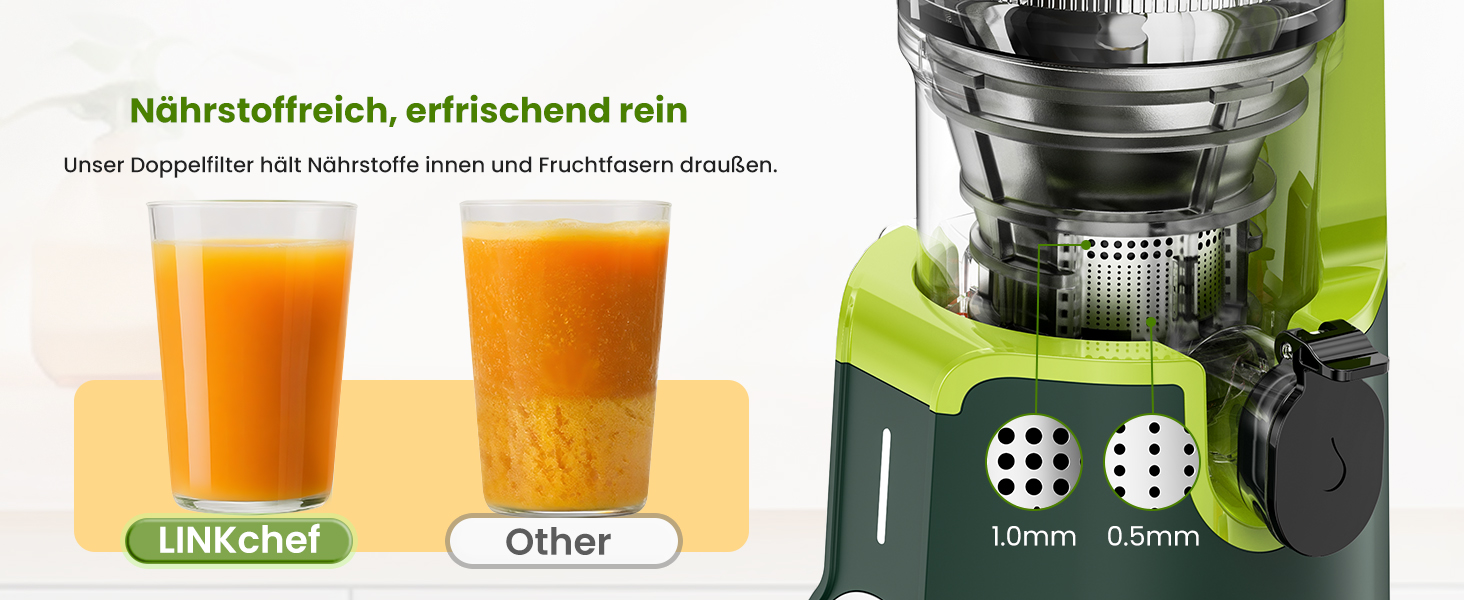 LINKChef Швидковичавник Slow Juicer: холодний віджим, для овочів та фруктів, легко миється, BPA Free, 200W (зелений)
