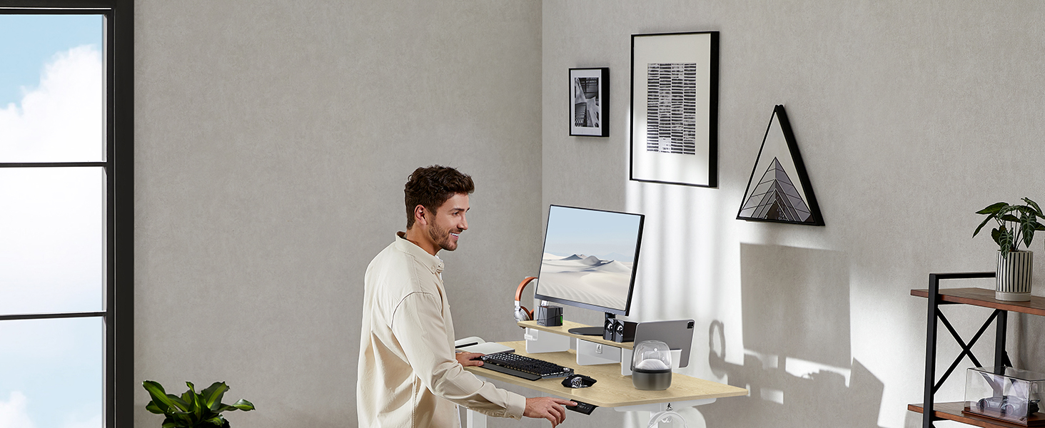 Регульований стіл WALKINGDESK для дому та офісу: електричний, з ящиками, полицями та гачками (140x60 см, дуб)