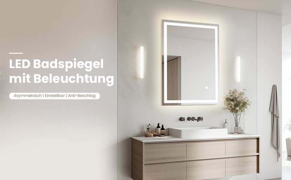 Дзеркало для ванної кімнати з підсвіткою 70x50 см | LED дзеркало | IP54 вологостійке | Сенсорне управління | Настінне дзеркало | Горизонтальна/Вертикальна установка