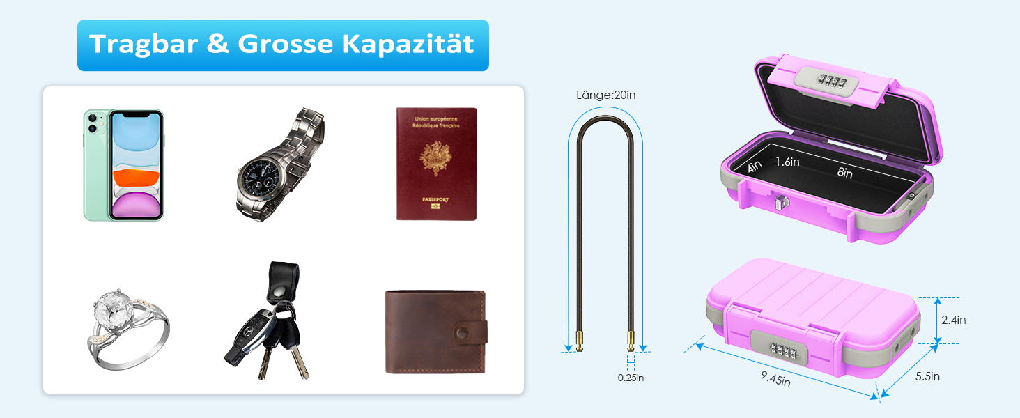 Сейф для зберігання Brifit, Strandsafe з кодовим замком, водонепроникний бокс з 6.3 мм сталевим тросом, для подорожей, пляжу, авто, дому та офісу (23,5x13,5x5,8 см), глянцевий чорний (23.5 x 13.5 x 5.8 см, рожевий)