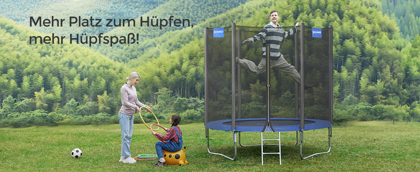 Батут SONGMICS для саду Ø244 см з захисною сіткою, драбиною та м'якими стійками, блакитний