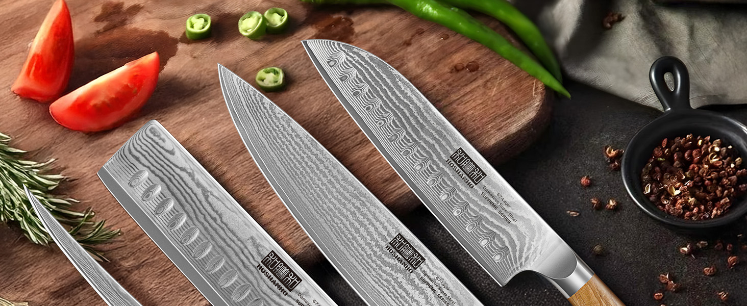 Ніж кухонний HOSHANHO Дамаск 20см, 67 шарів Дамаської сталі, японський ніж з ергономічною ручкою оливкового кольору