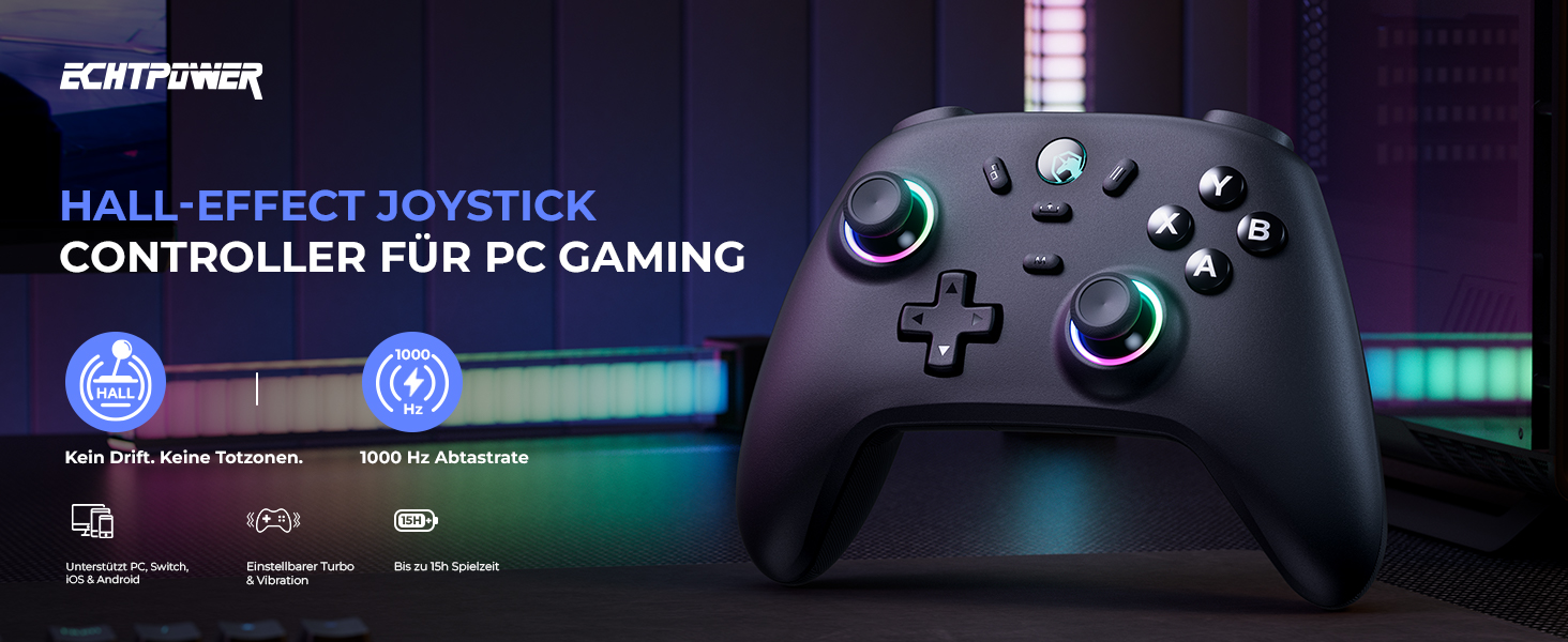 Ігровий бездротовий контролер ECHTPower для PC, Switch, Steam Deck, Android, iOS — RGB-підсвітка, Hall-джойстики, Turbo, вібрація, акумулятор 800mAh, чорний