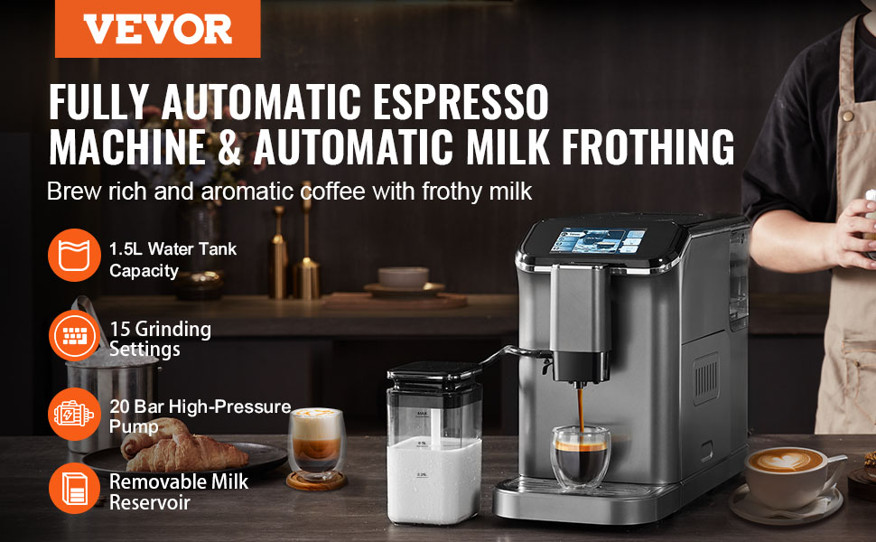 Автоматична кавомашина VEVOR CM9002A-GS з вбудованою кавомолкою, 15 ступенів помелу, резервуар для води 1.5 л, контейнер для зерен 180 г