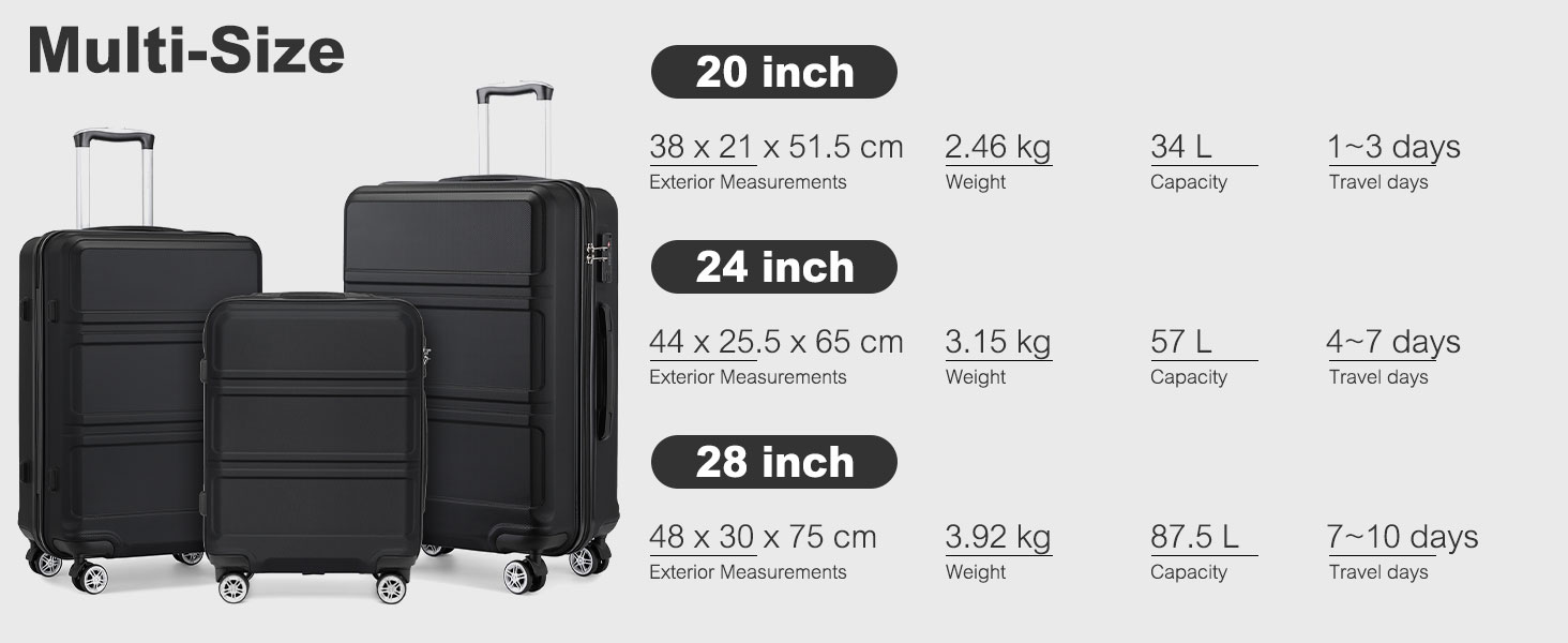 KONO Валіза середнього розміру 24 дюйми, ABS, з TSA-замком, 4 колеса, 65×44×25.5 см, темно-синій