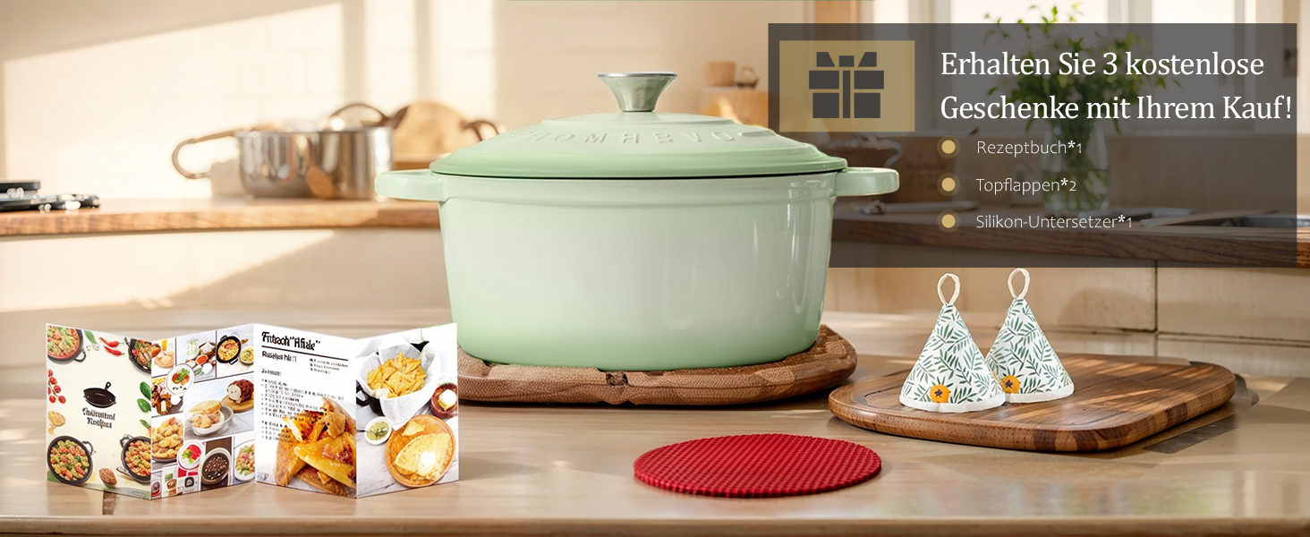 Чавунна казан-каструля Overmont з емалевим покриттям 26см, 5.2л, Bean Green — універсальний горщик для тушкування та запікання з кришкою та кулінарною книгою