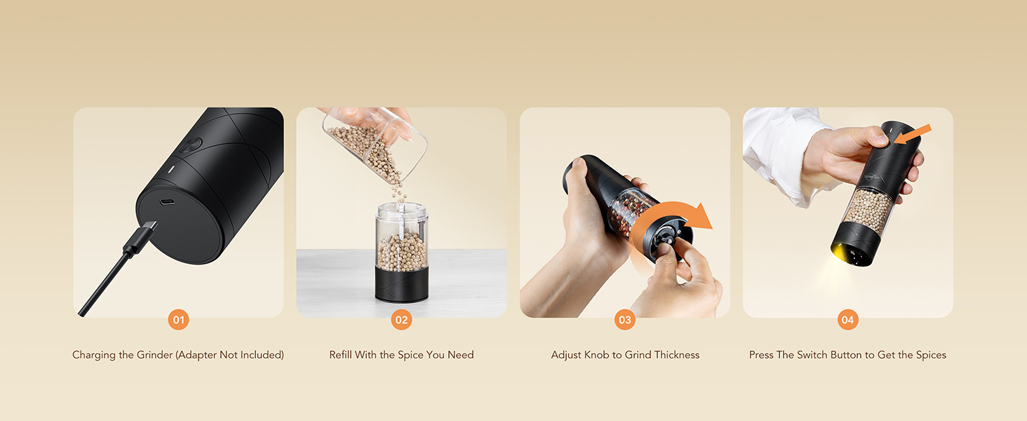 Електричні млини для солі та перцю Sangcon, 2 швидкості, перезаряджувані, 6 ступенів помелу, автоматичний набір з док-станцією, зручне використання (чорний)