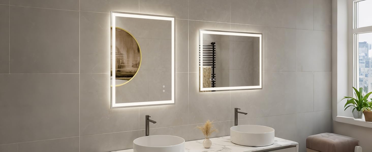 Дзеркало для ванної кімнати з підсвіткою 80x60 см, LED дзеркало з 3 кольорами світла, регульована яскравість, захисне скло, сенсорне управління, функція пам'яті, запобігання запотіванню, 60L x 80B cm