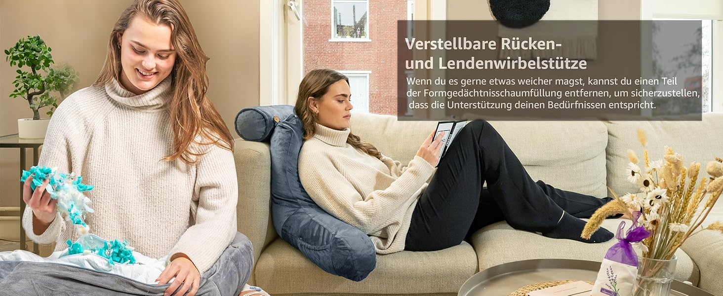 Подушка для читання Ella Lesekissen для ліжка та дивана з знімною подушкою для шиї - подушка для спини - подушка для читання з піною з пам'яті з підлокітниками, ідеально підходить для читання, перегляду телевізора, лінощів або як підтримка спини - сіра