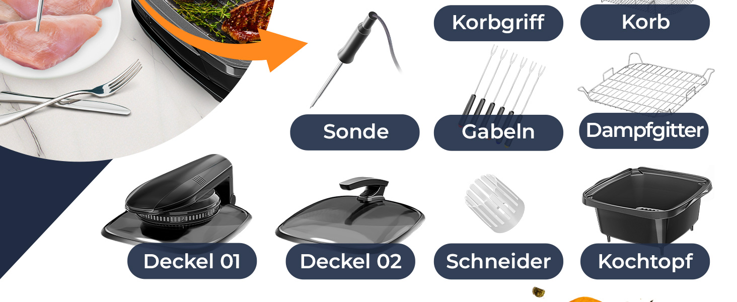 Мультиварка KESSER® 8л з фритюрницею, 16 програм, чорна. Гриль, випічка, тушкування, приготування на пару, функція підігріву та повільного приготування, приготування рису та йогурту.