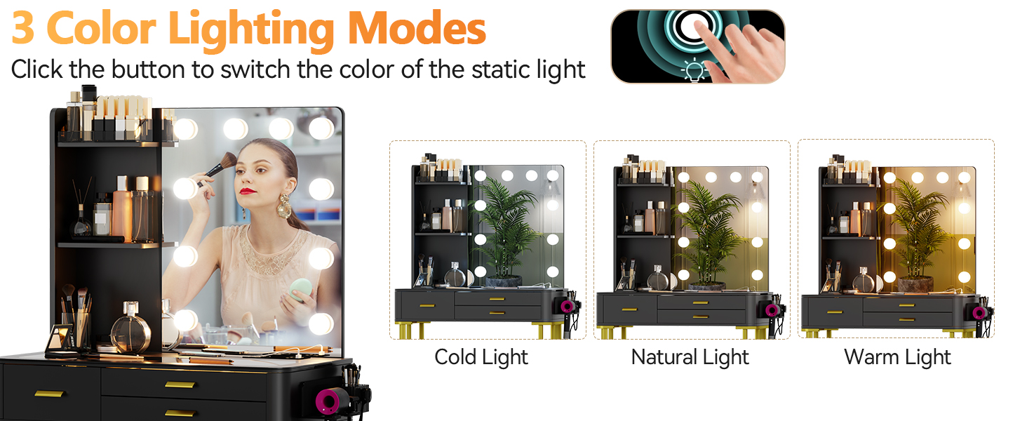 Трюмо Lvifur з дзеркалом у стилі Голлівуд, 10 регульованих лампочок, пуф, ящик, станція зарядки, USB-порт, чорний колір