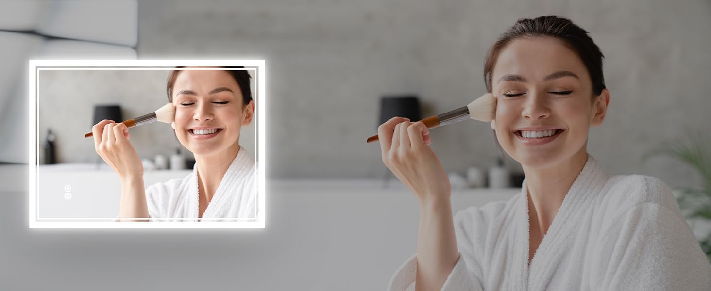 Дзеркало для ванної кімнати SONNI з підсвічуванням 80x60 см, 3 кольори світла, проти запотівання, LED, сенсорне керування, годинник, температура, 3x збільшення