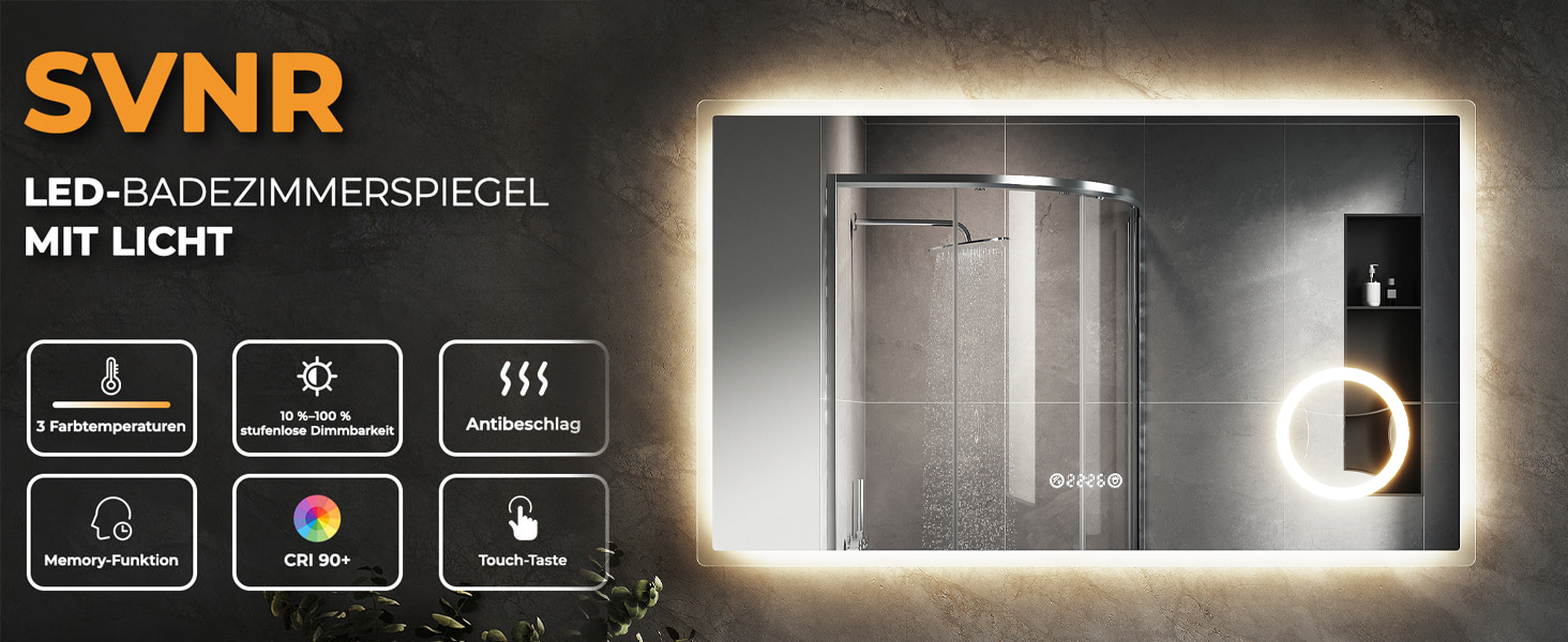 Дзеркало для ванної кімнати зі підсвічуванням SVNR, 70 x 50 см, LED, з 4 мм дзеркалом без вмісту міді, подвійне сенсорне керування, антизапарник, регулювання кольору світла (3000K-6400K), Smart-дзеркало з лупою 5x та розеткою для гоління