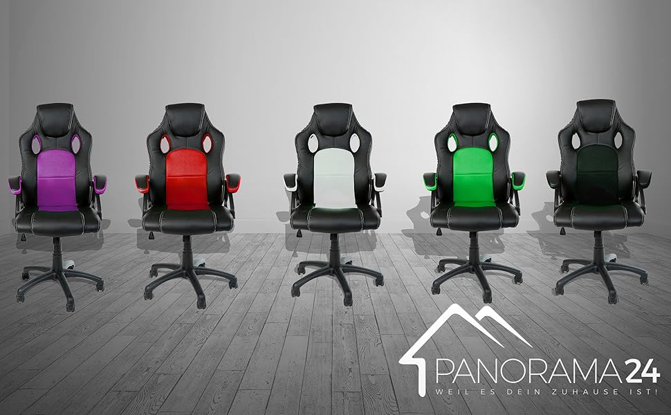 Ігровий крісло Panorama24 для геймерів та офісу, чорний, 9 кольорів, підйомний механізм, до 150 кг, сертифікат TÜV