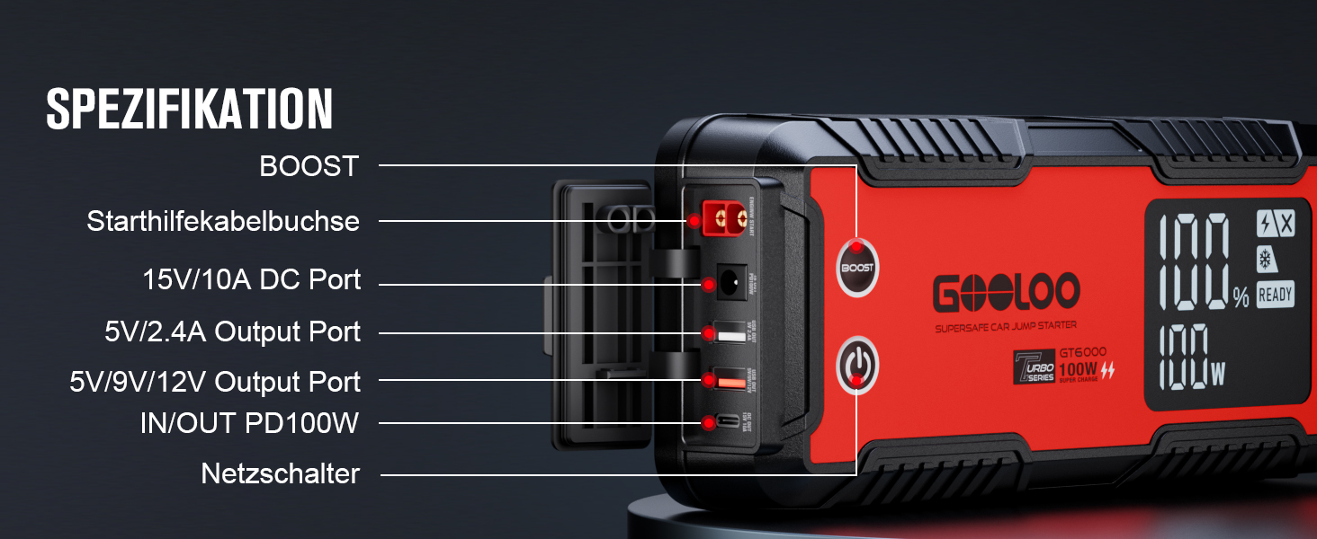 Powerbank-пусковий пристрій GOOLOO GT6000: 6000A, LED-ліхтарик, екран 3.2