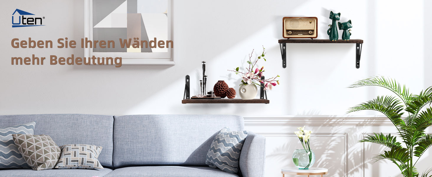 Настінна полиця з дерева Uten, рустикальна підвісна полиця з тримачем для рушників, 2 шт, темно-коричнева — для ванної, кухні, вітальні та спальні