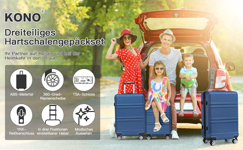 KONO Набір валіз 3 шт. з ABS, ручна валіза, набір валіз, валізи M-L-XL з колесами та TSA замком, темно-синій