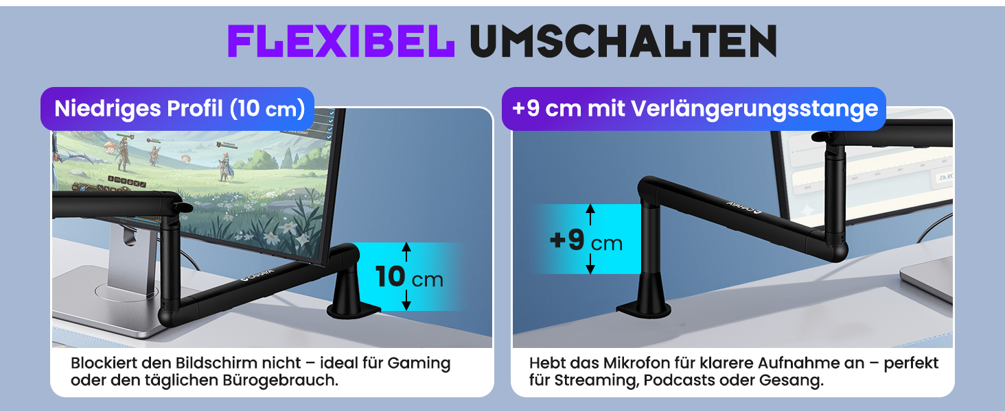 CAHAYA Мікрофонний стійкий кронштейн Boom Arm Professional: Регульований мікрофонний кронштейн з подовжувачем, низькопрофільний дизайн для стрімінгу та запису, вантажопідйомність до 2.5 кг