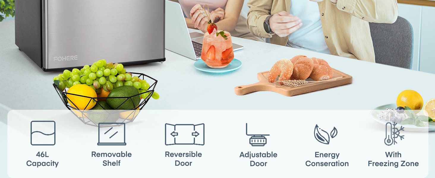 Міні-холодильник E 46L з морозильною камерою, низький рівень шуму 42 дБ, регулювання температури, колір нержавіюча сталь — для офісу, кухні та спальні