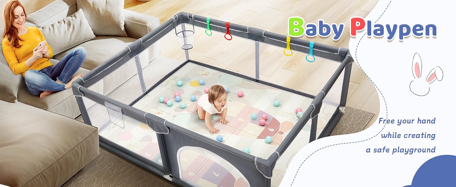 Манеж дитячий CHOLY для немовлят та малюків, 128x128 см, сірий з килимком 150x180 см - безпечний, міцний, з сіткою та захистом